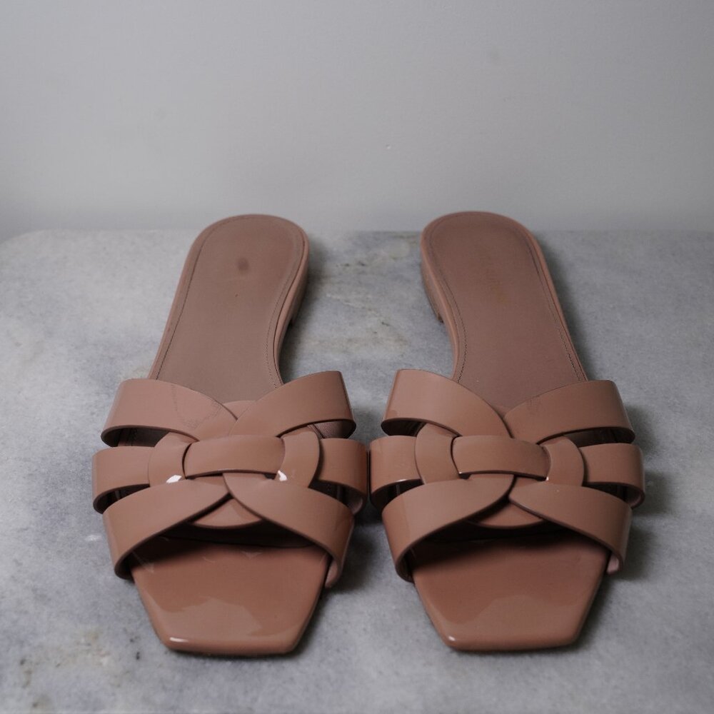 COPY - Saint Laurent YSL Nude Tribute Leather Slip On Slide Sandal Sz 41